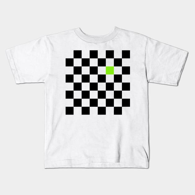 Checkered Black and White with One Lime Green Square Kids T-Shirt by AbstractIdeas